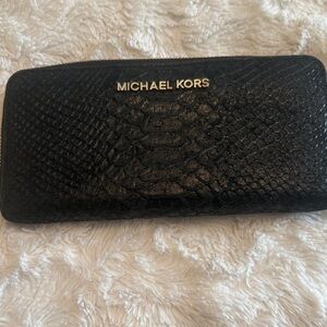 Michael Kors Black Croc-Embossed Zip Around Wallet with Gold Logo
